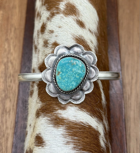 Native Navajo Handmade Sterling Silver Kingman Turquoise Cuff Stamped Bracelet
