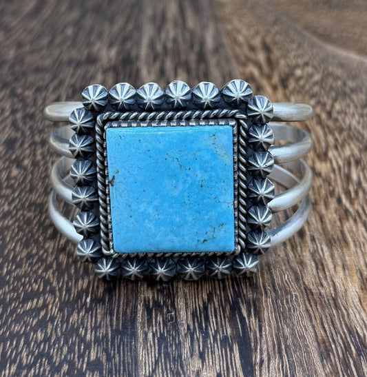 Native Navajo Handmade Sterling Silver Kingman Turquoise Old Look Cuff Bracelet