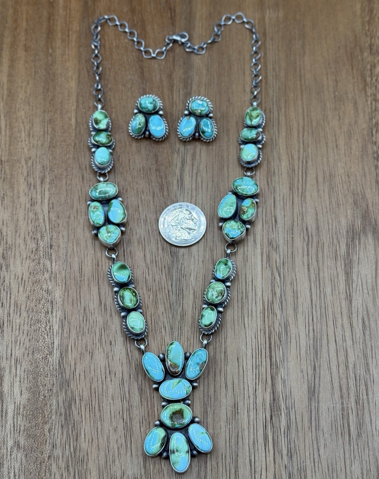 Navajo Handmade Sterling Silver Sonoran Gold Turquoise Cluster Necklace Set 20”
