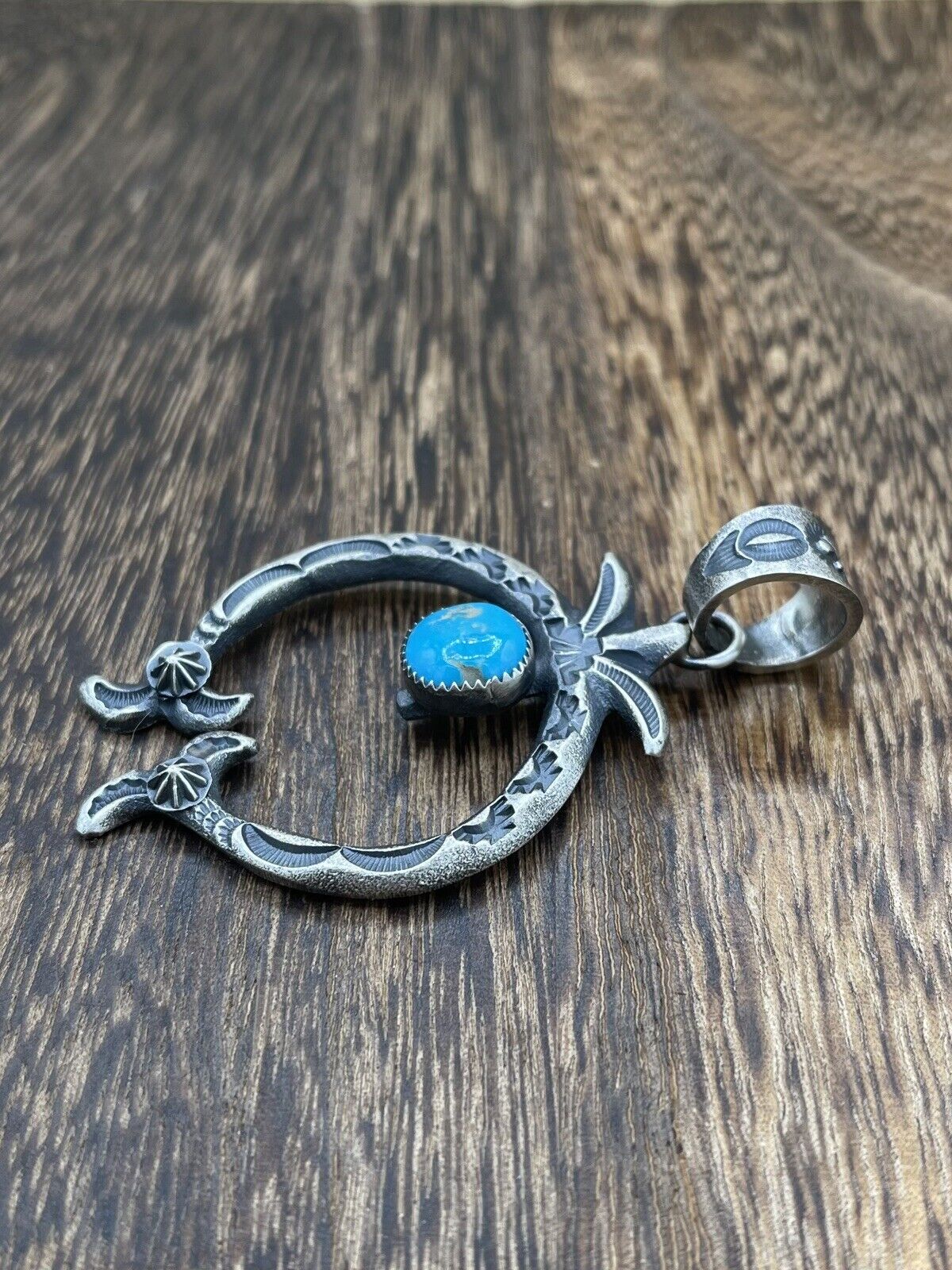 Native American Indian Navajo Handmade Silver Old Look Turquoise Naja Pendant