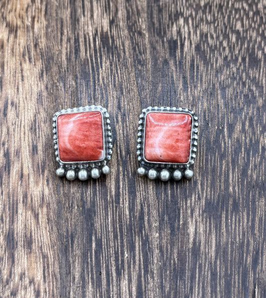 Native Navajo Handmade Sterling Silver Red Spiny Oyster Shell Post Stud Earrings