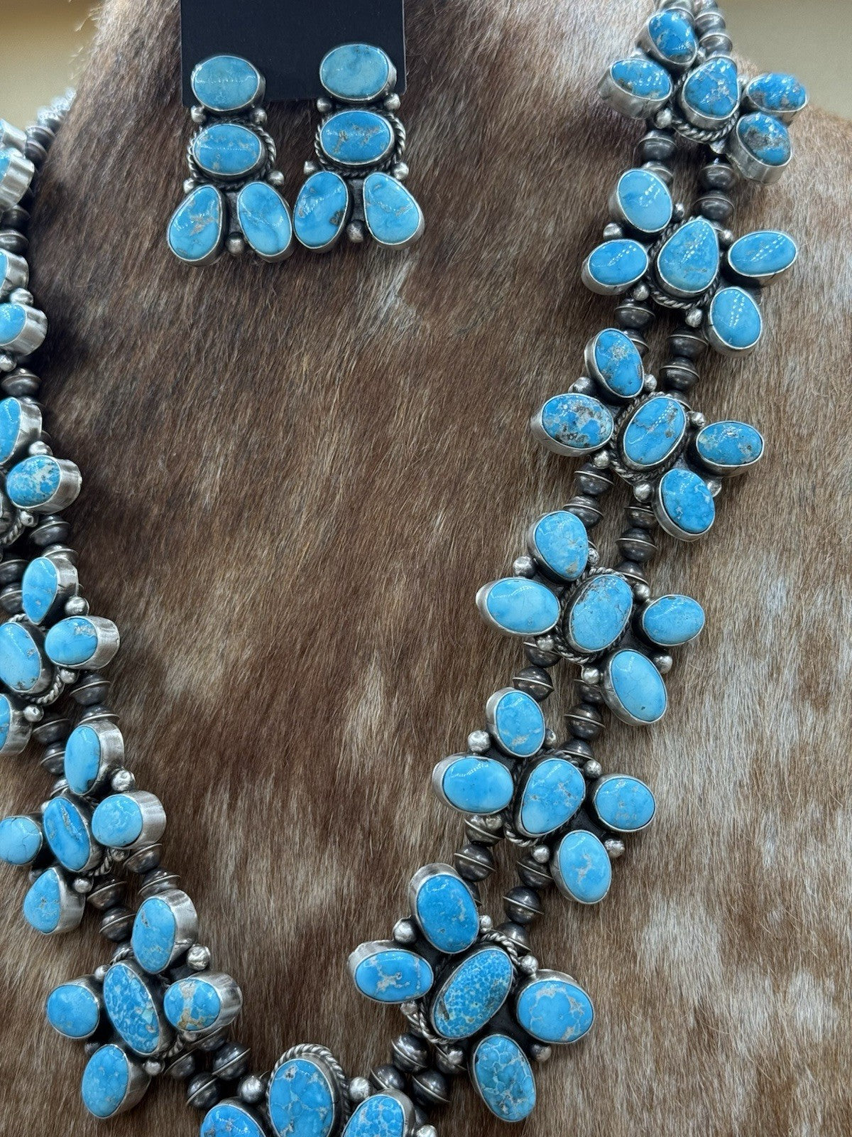 Navajo Handmade Sterling Silver Blue Ridge Turquoise Squash Blossom Necklace