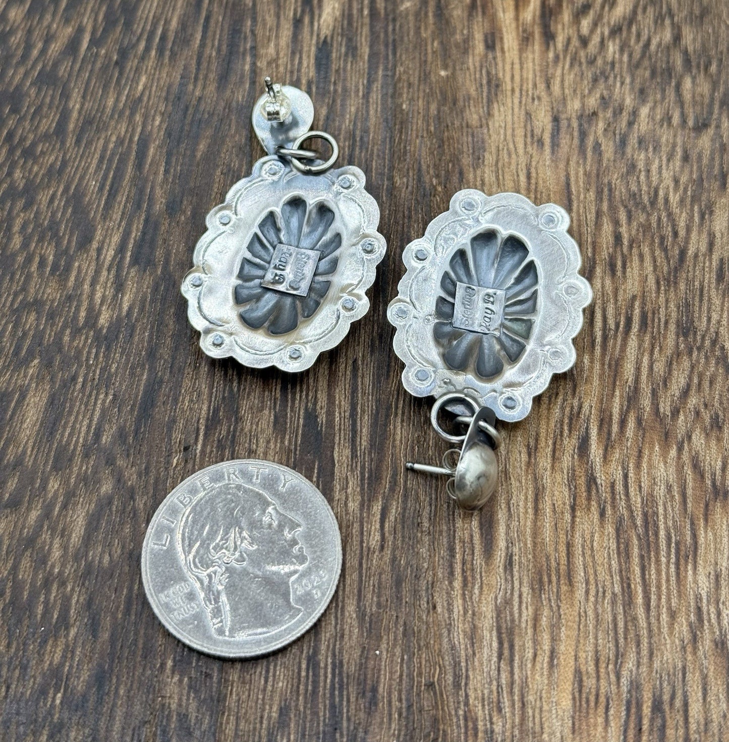 Navajo Handmade Sterling Silver Old Look Stamped Concho Design Post Earrings