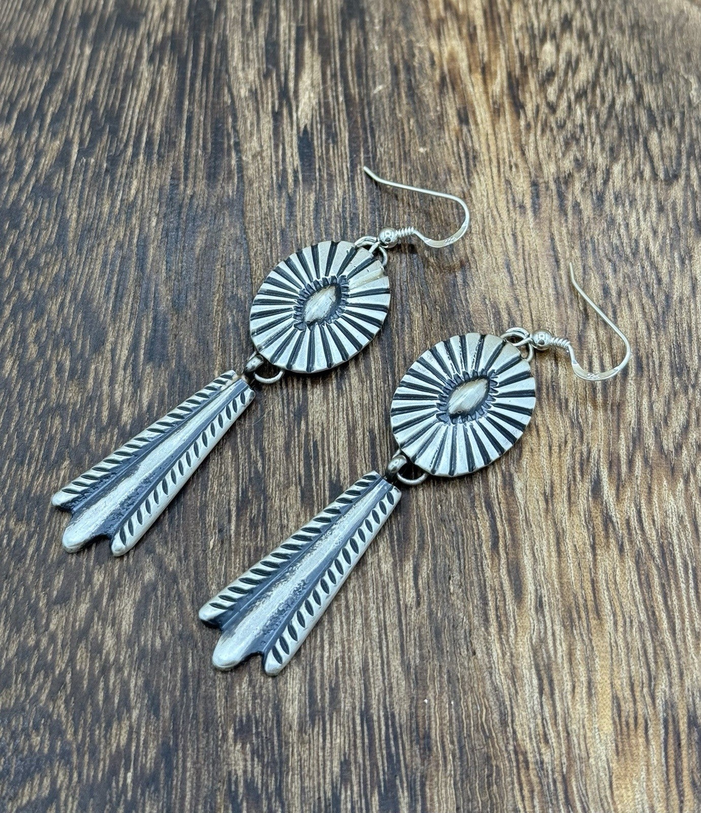 Navajo Handmade Sterling Silver Old Look Stamped Concho Design Dangle Earrings