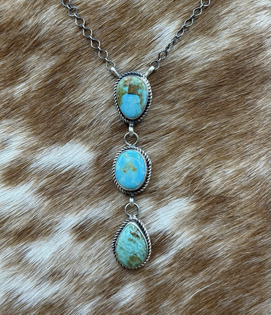 Native Navajo Handmade Sterling Silver Kingman Turquoise Lariat Necklace 18”