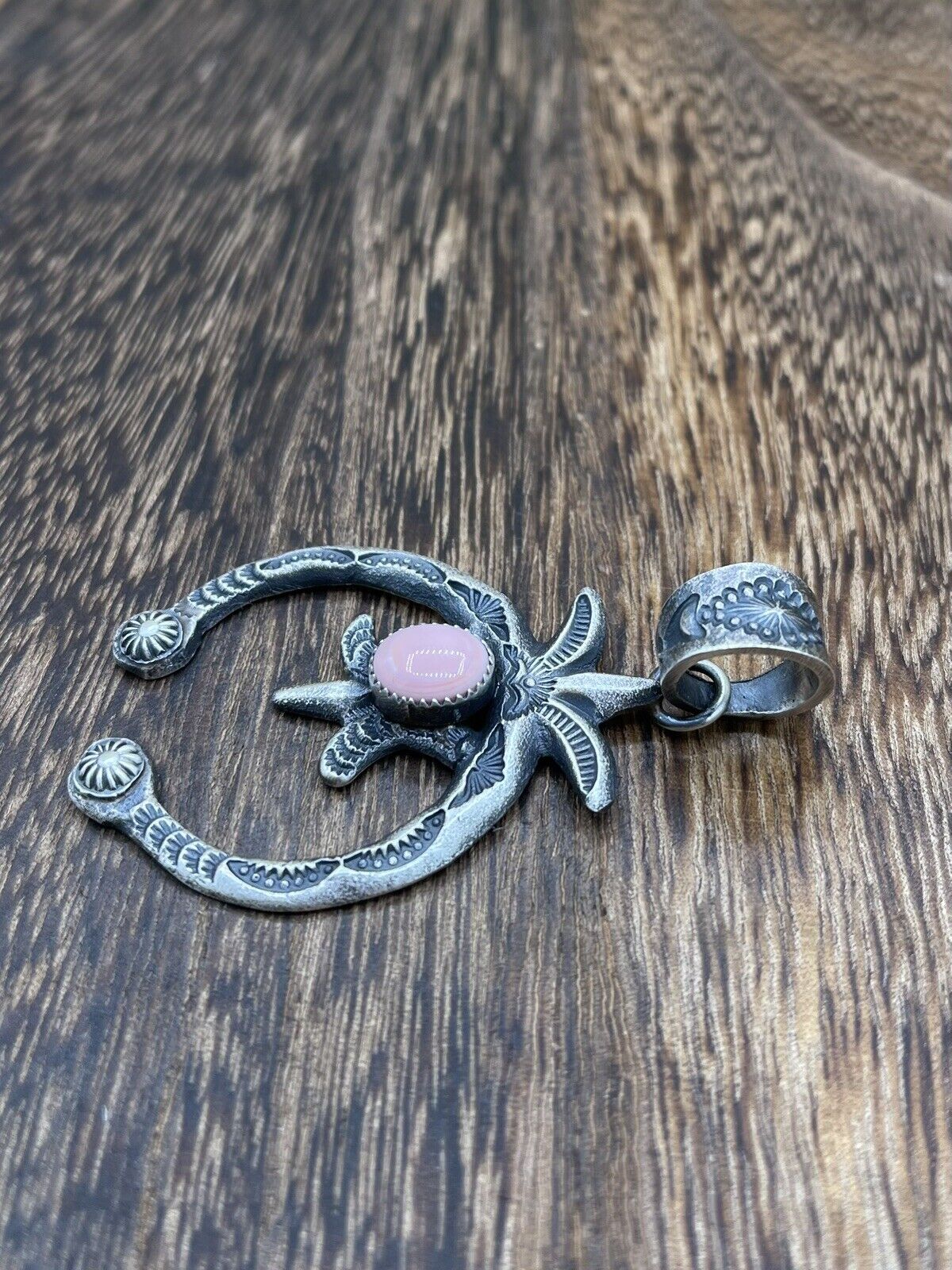 Native American Indian Navajo Handmade Silver Old Look Pink Concho Naja Pendant