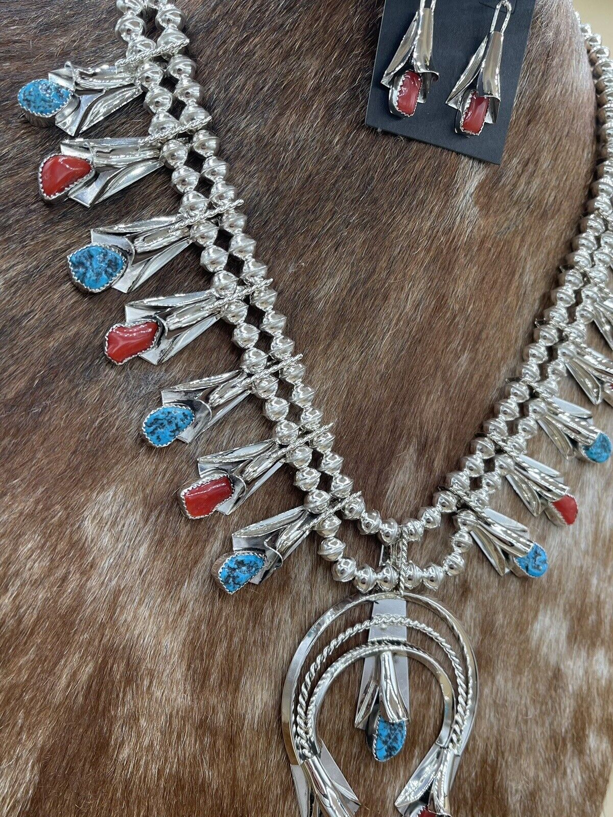 Native American Navajo Handmade Turquoise And Red Coral Squash Blossom Necklace