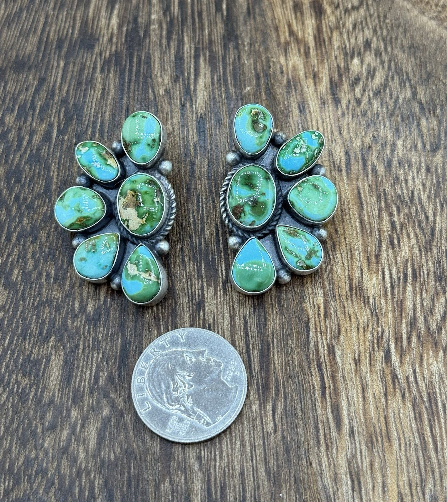 Navajo Handmade Sterling Silver Sonoran Gold Turquoise Half Cluster Earrings