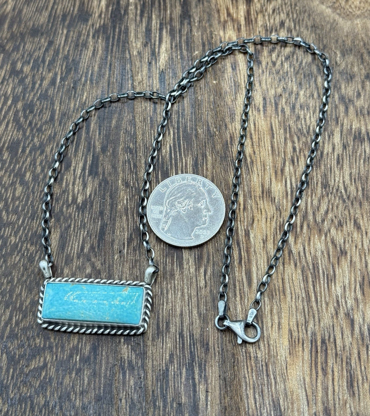 Native Navajo Handmade Sterling Silver Kingman Turquoise Bar Necklace 18”