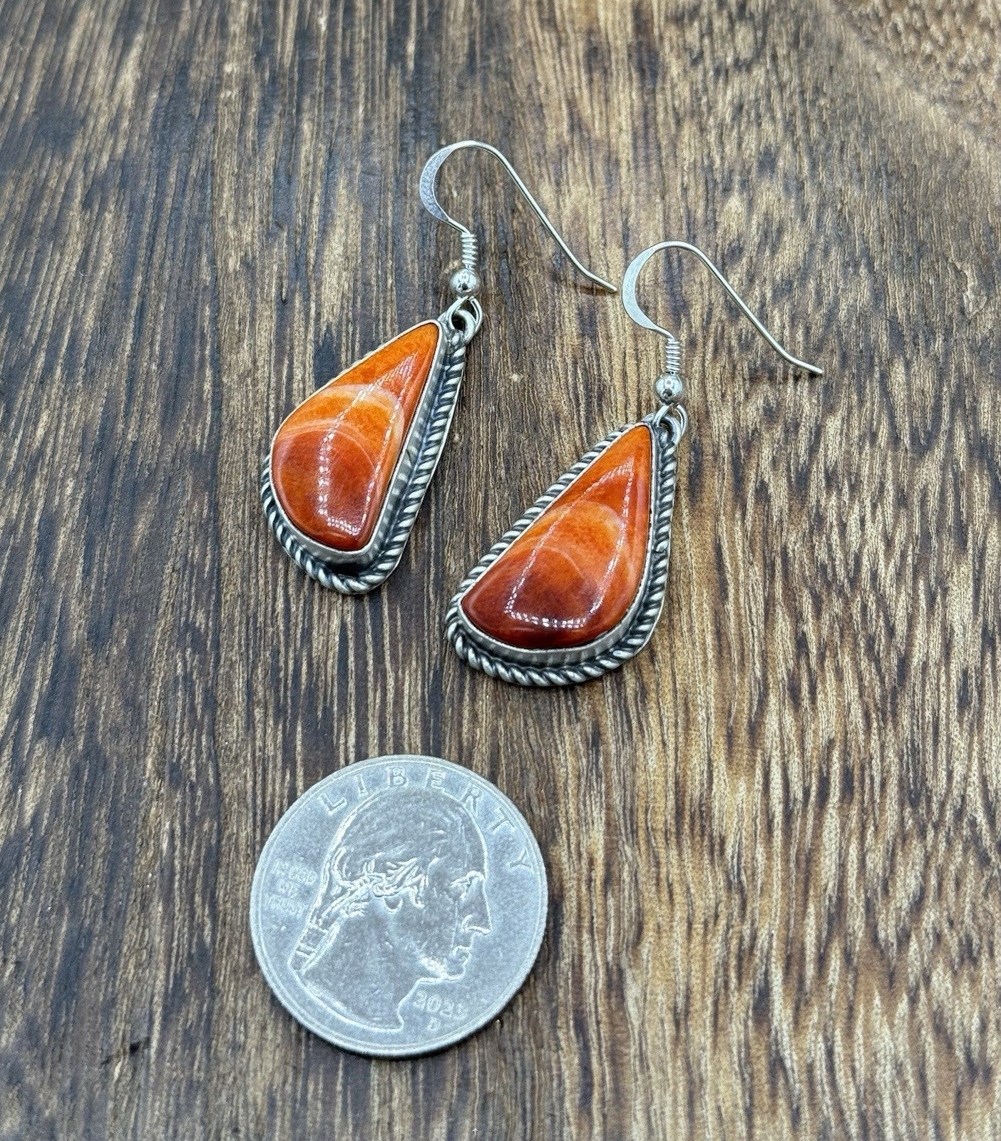 Native Navajo Handmade Sterling Silver Orange Spiny Oyster Shell Dangle Earrings