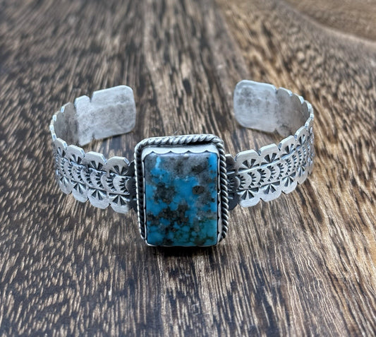 Navajo Handmade Sterling Silver Morenci Turquoise Stacker Cuff Bracelet