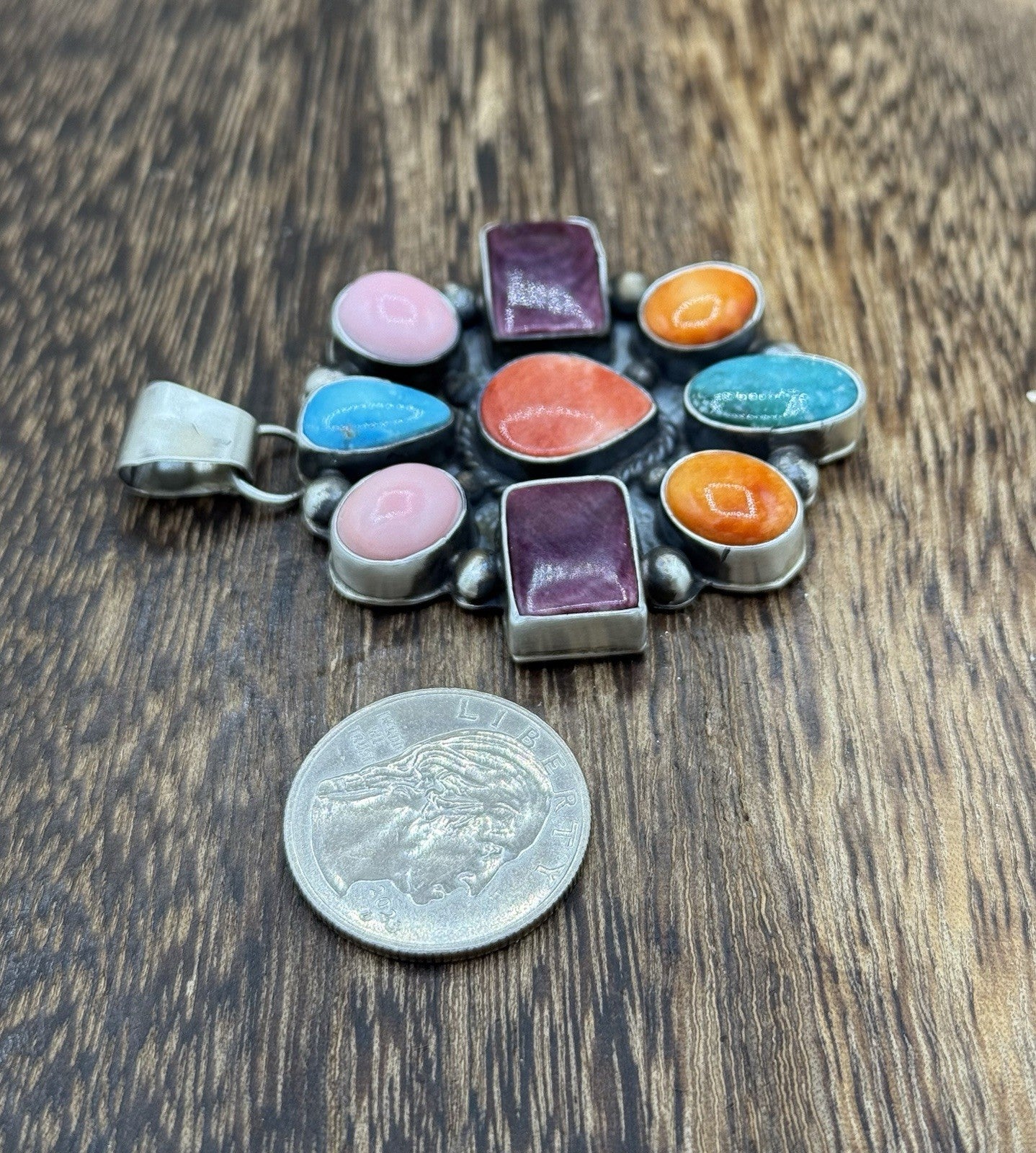 Navajo Handmade Sterling Silver Multi Color Turquoise Spiny Cluster Pendant Lg.