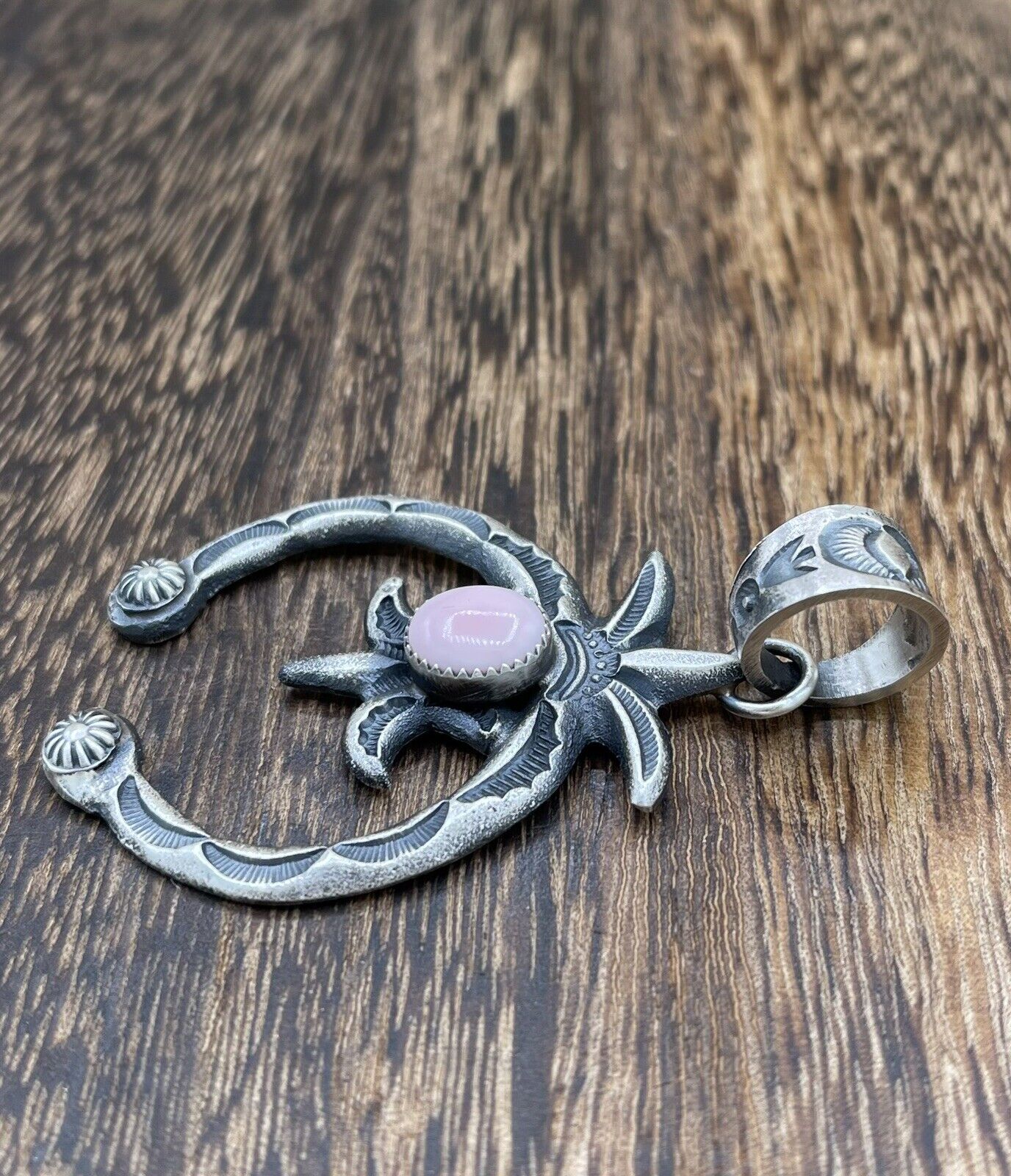 Native American Indian Navajo Handmade Silver Old Look Pink Concho Naja Pendant