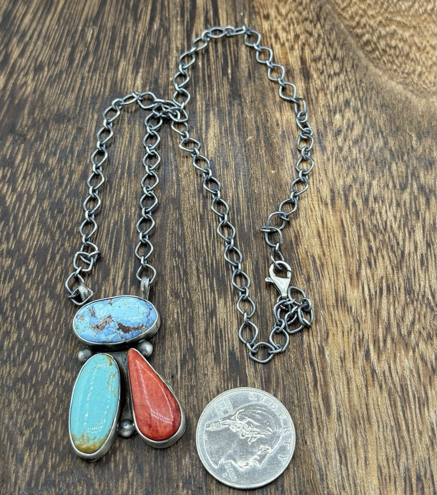 Navajo Handmade Sterling Silver Multi stone Turquoise Cluster Bar Necklace 18”