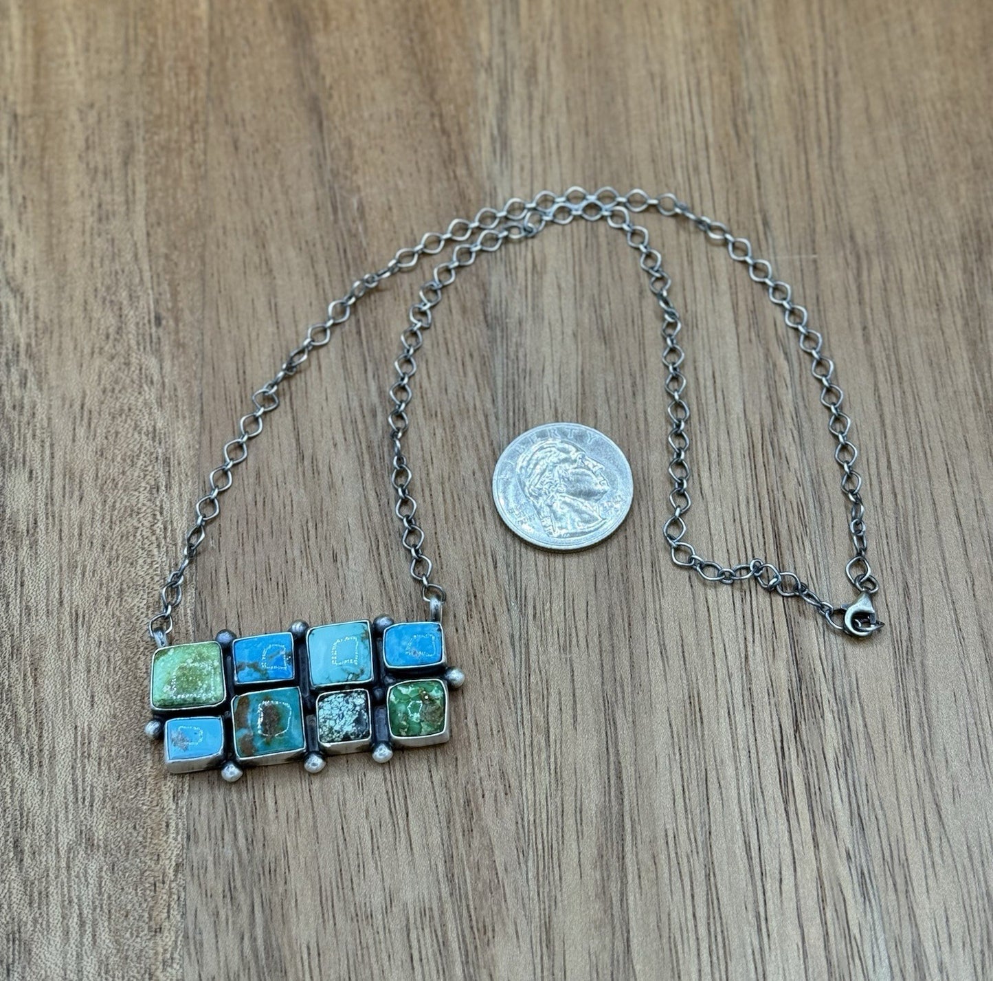 Navajo Handmade Sterling Silver Mixed Stone Turquoise Cluster Bar Necklace 18”