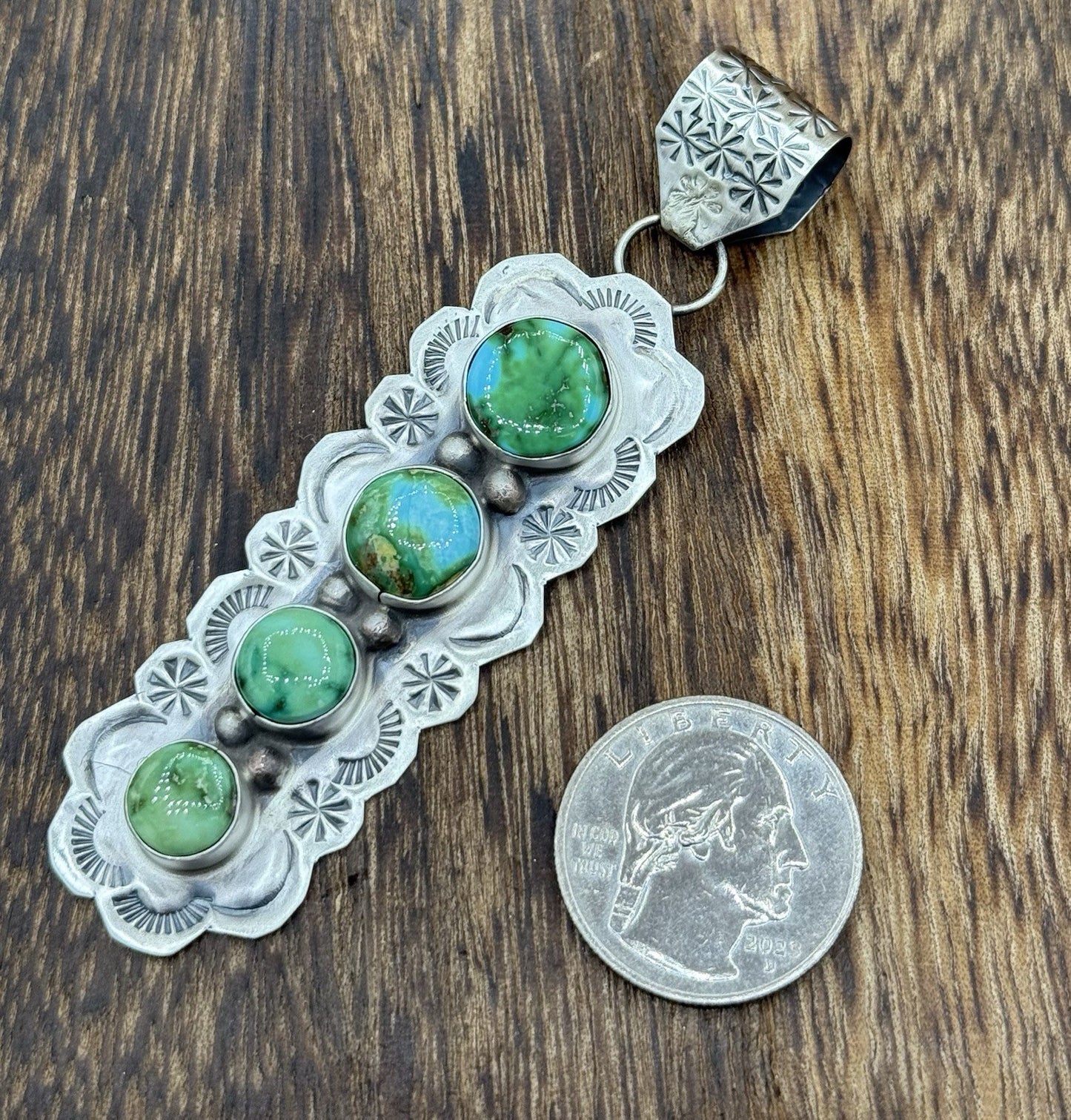 Navajo Handmade Sterling Silver Sonoran Gold Turquoise Stamped Drop Pendant