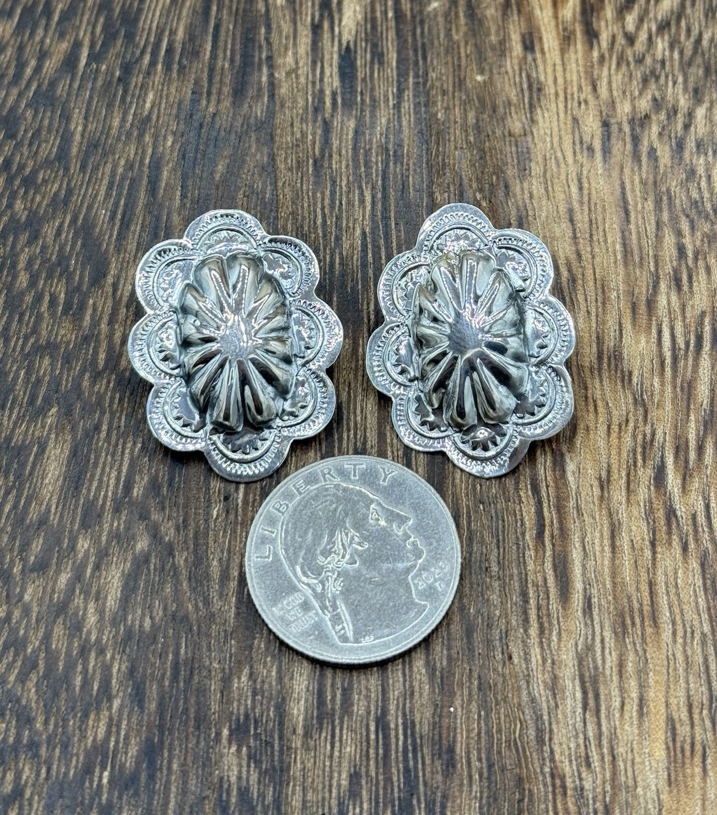 Navajo Handmade Sterling Silver Shiny Stamped Concho Design Post Earrings