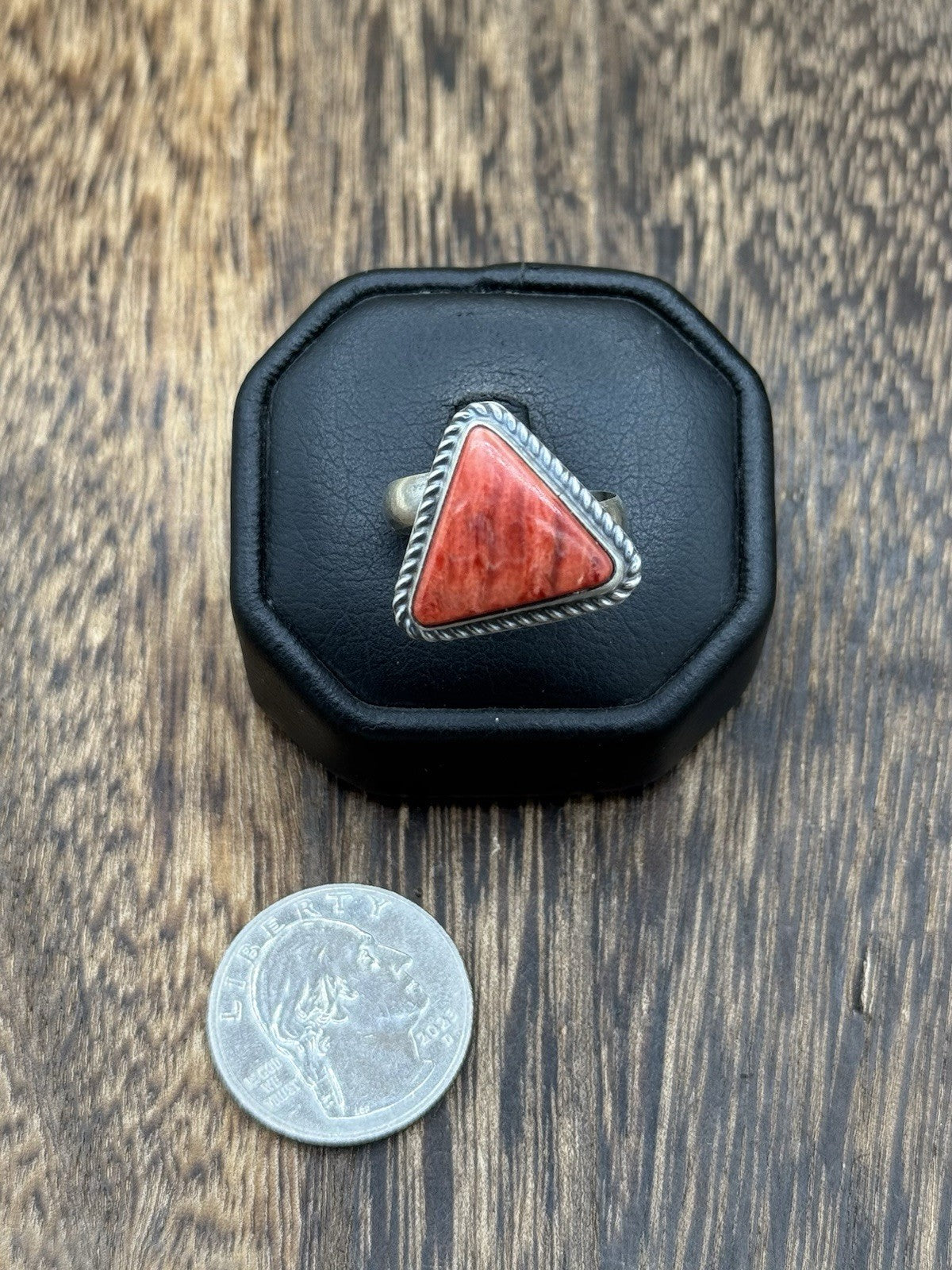 Navajo Handmade Sterling Silver Red Spiny Oyster Adjustable Ring Size 7 - 10