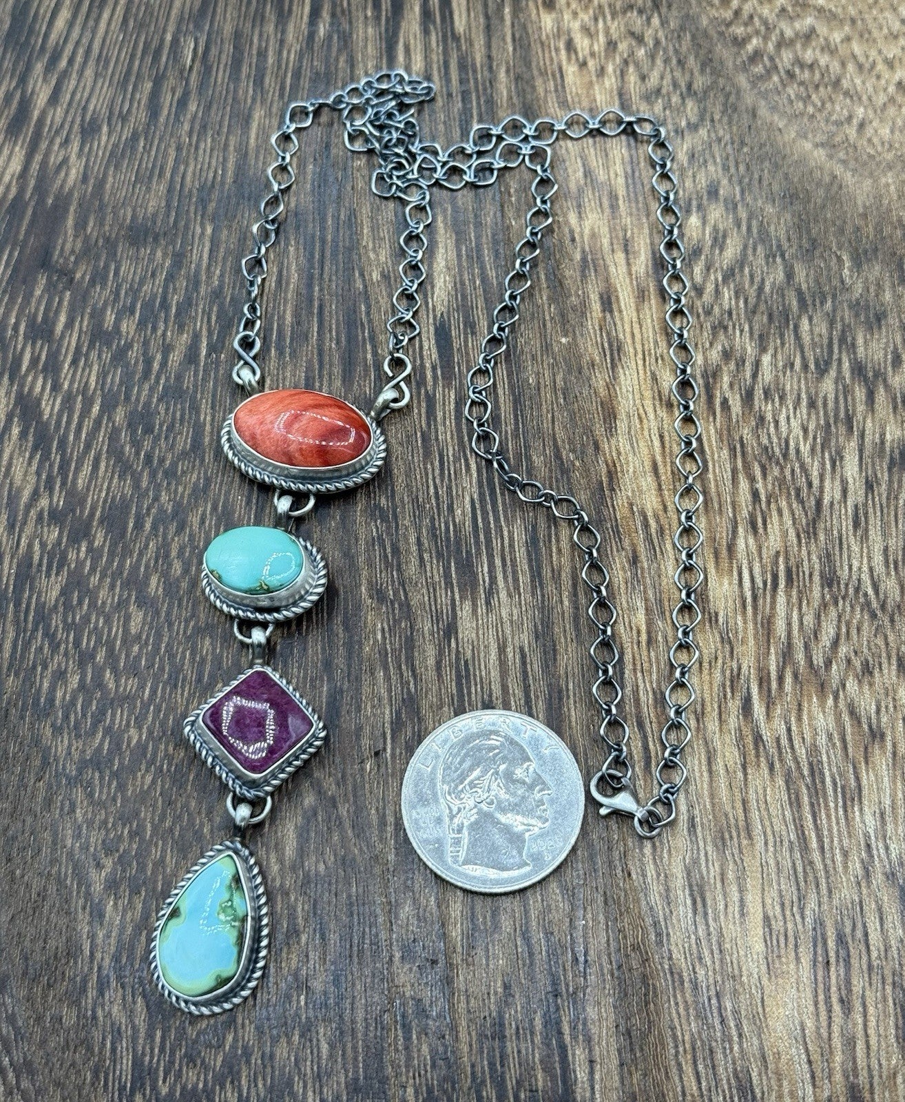 Navajo Handmade Sterling Silver Multi Color Mixed Stone Lariat Necklace 18”