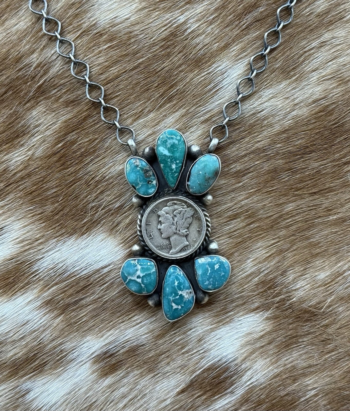 Navajo Handmade Silver White Water Turquoise Liberty Coin Cluster Necklace 18”