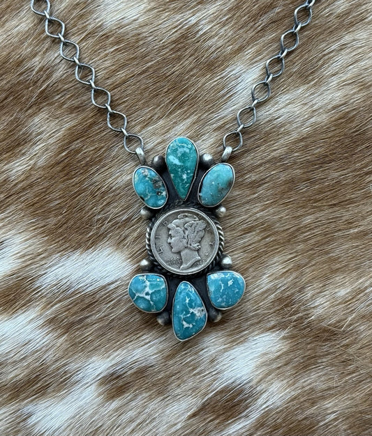 Navajo Handmade Silver White Water Turquoise Liberty Coin Cluster Necklace 18”