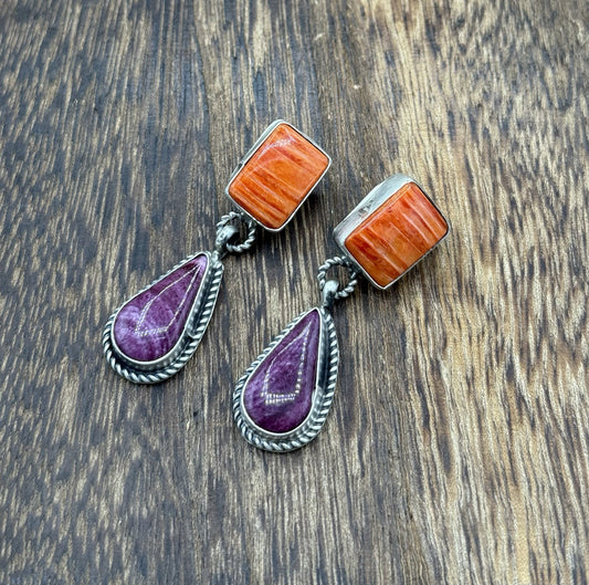 Navajo Handmade Sterling Silver Mixed Spiny Oyster Shell Post Dangle Earrings