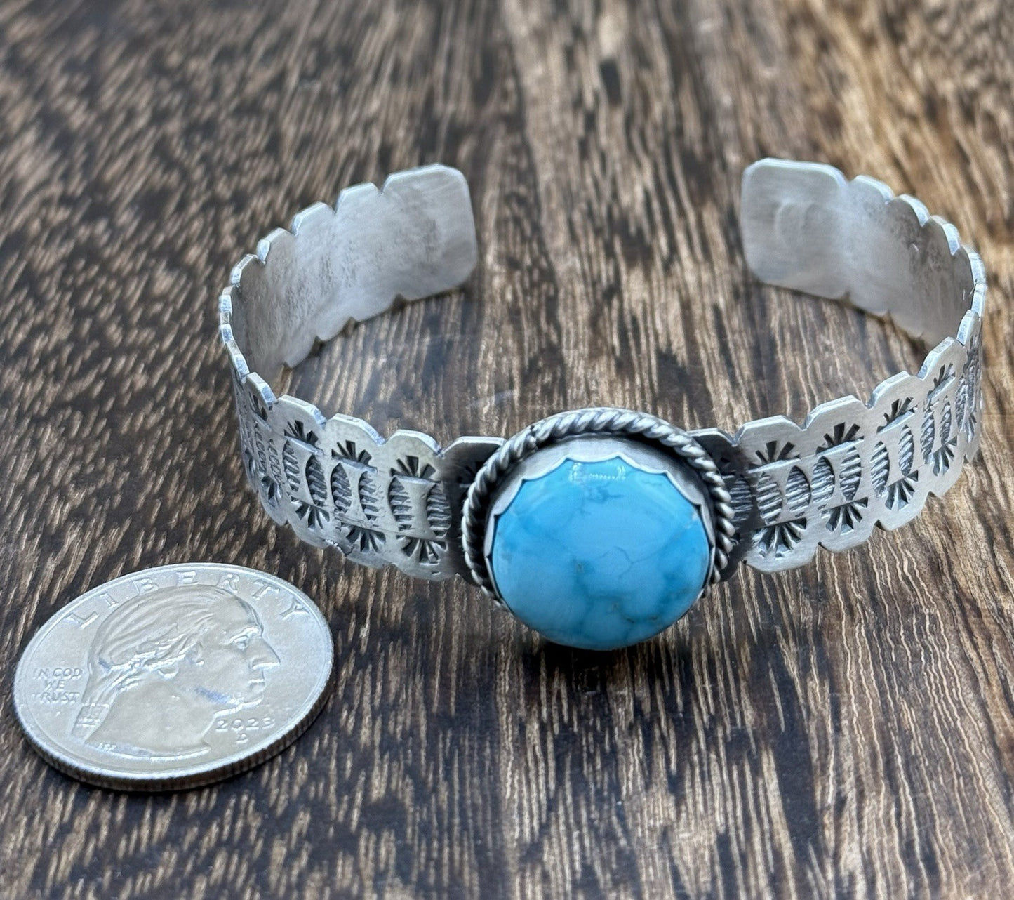 Navajo Handmade Sterling Silver Blue Bird Turquoise Stacker Cuff Bracelet
