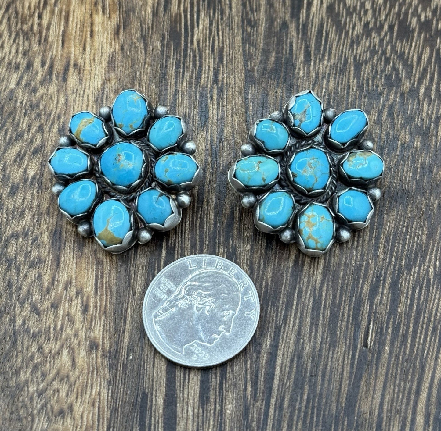 Native Navajo Handmade Sterling Silver Kingman Turquoise Cluster Post Earrings