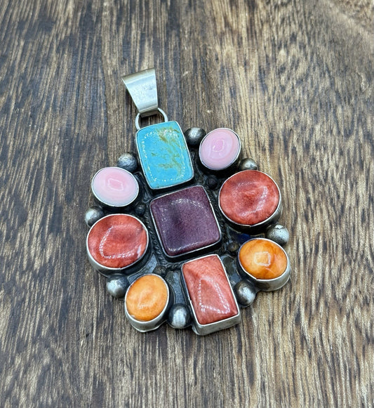 Navajo Handmade Sterling Silver Multi Color Turquoise Spiny Cluster Pendant Lg.