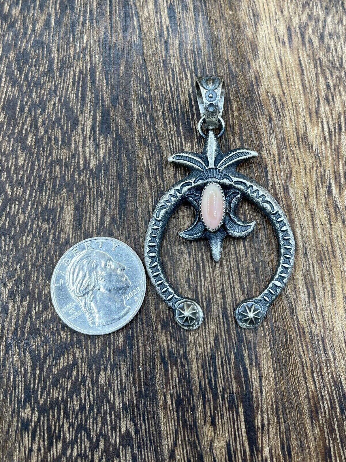 Native American Indian Navajo Handmade Silver Old Look Pink Concho Naja Pendant