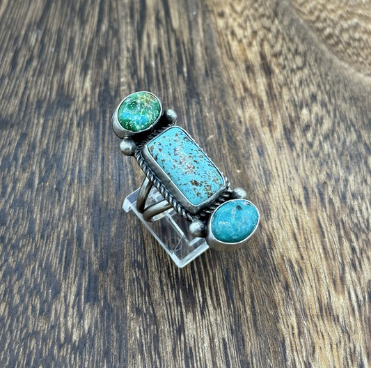 Native Navajo Handmade Sterling Silver Mixed Turquoise Stone Cluster Ring Size 8