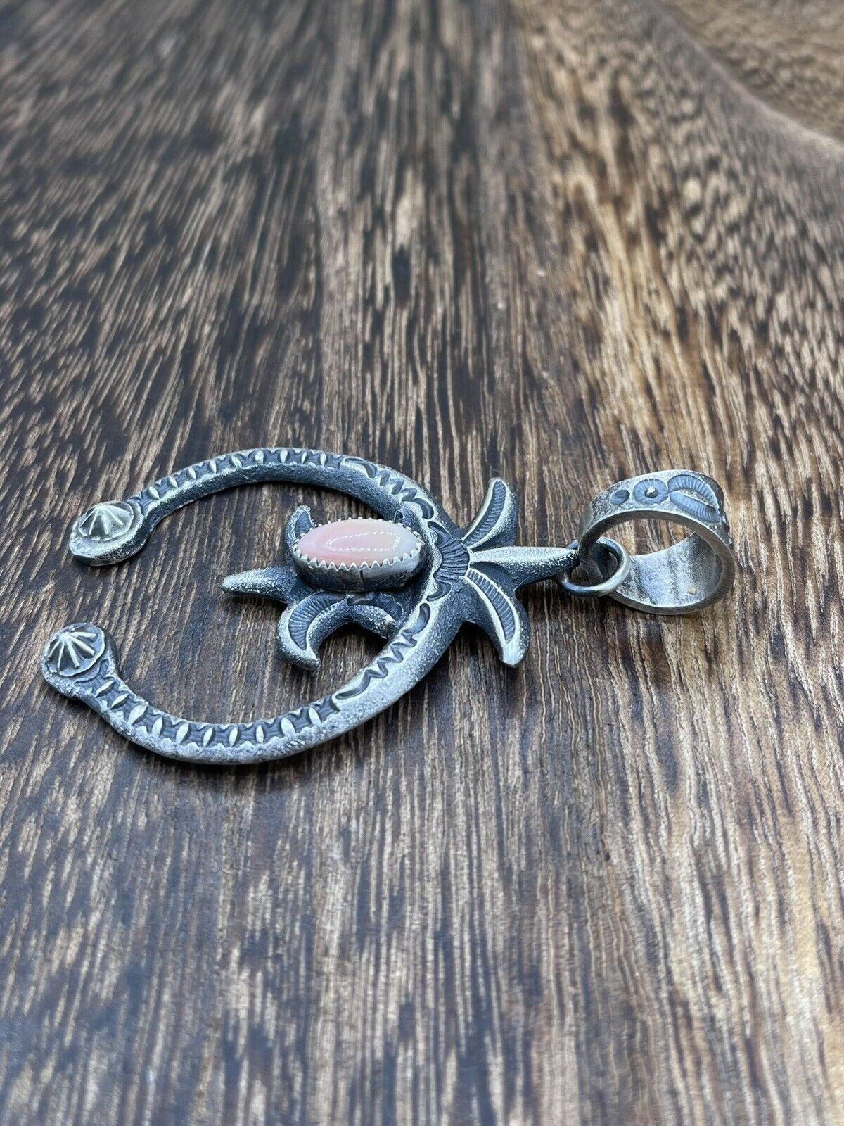 Native American Indian Navajo Handmade Silver Old Look Pink Concho Naja Pendant
