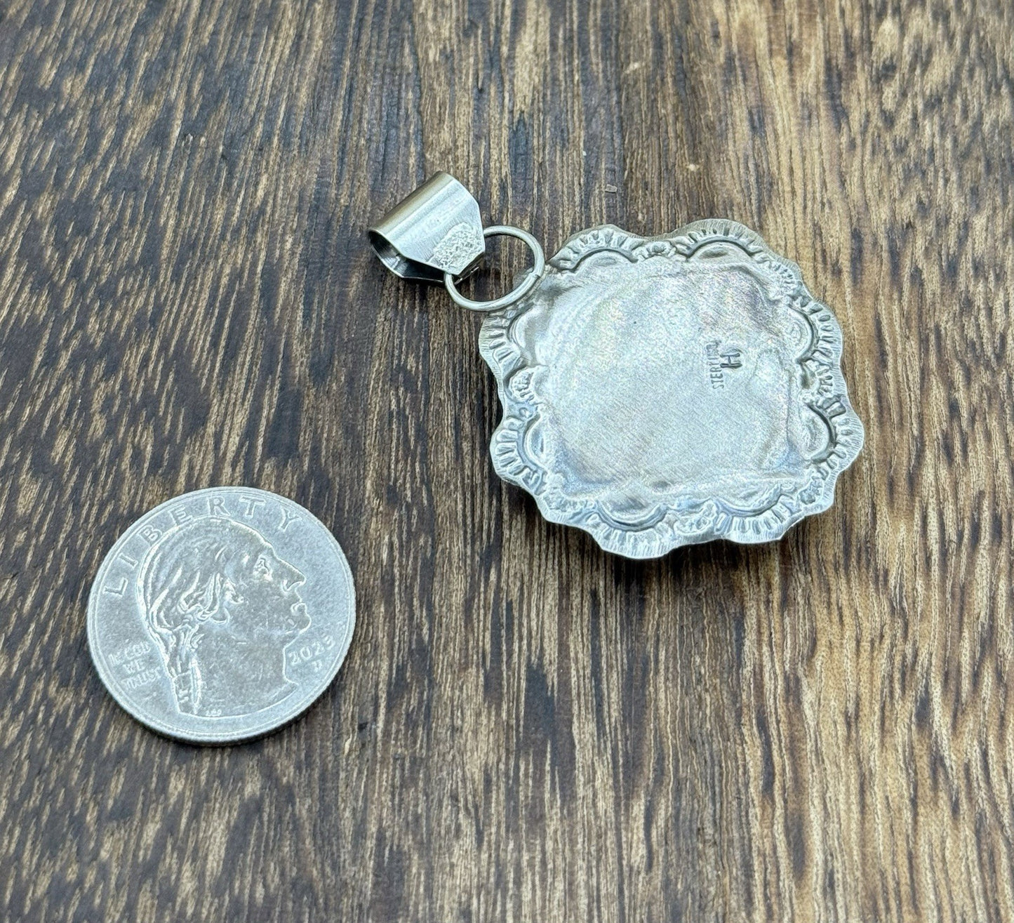 Navajo Handmade Sterling Silver Orange Spiny Oyster Shell Stamped Drop Pendant