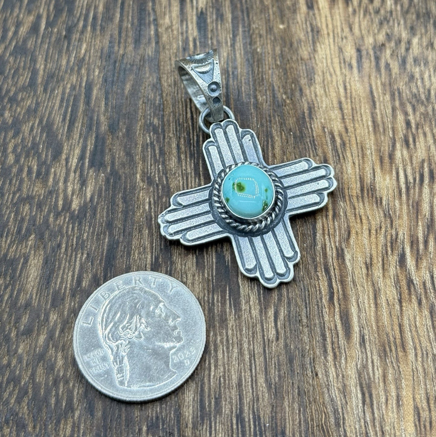 Navajo Handmade Sterling Silver Old Look Sonoran Gold Turquoise Zia Pendant