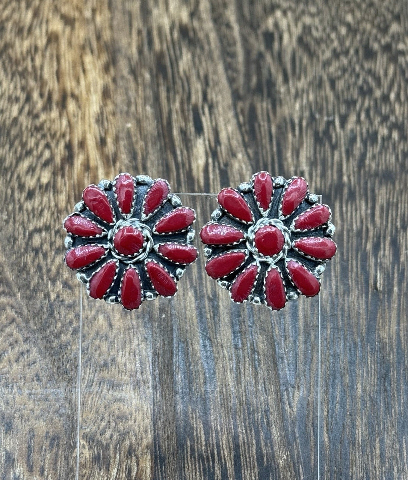 Native American Navajo Handmade Sterling Silver Red Coral Cluster Stud Earrings