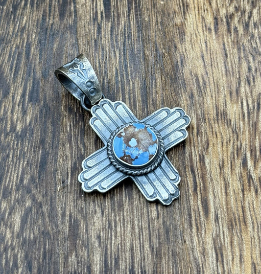 Navajo Handmade Sterling Silver Old Look Golden Hills Turquoise Zia Pendant