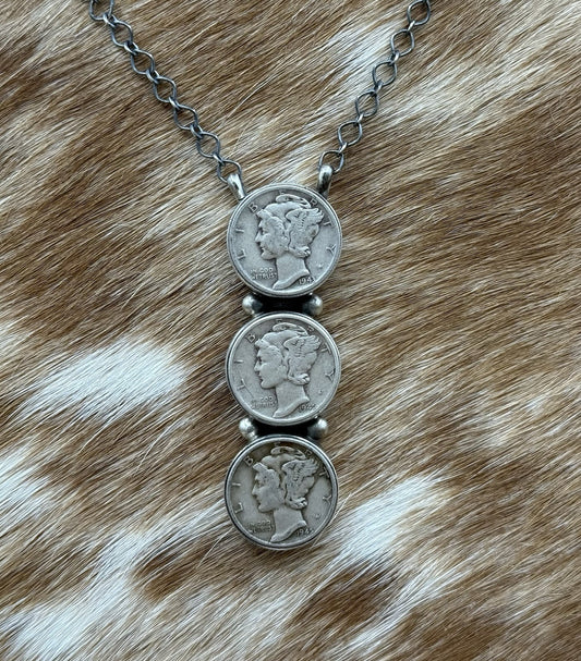 Navajo Handmade Sterling Silver Liberty Dime Cluster Bar Lariat Necklace 18”