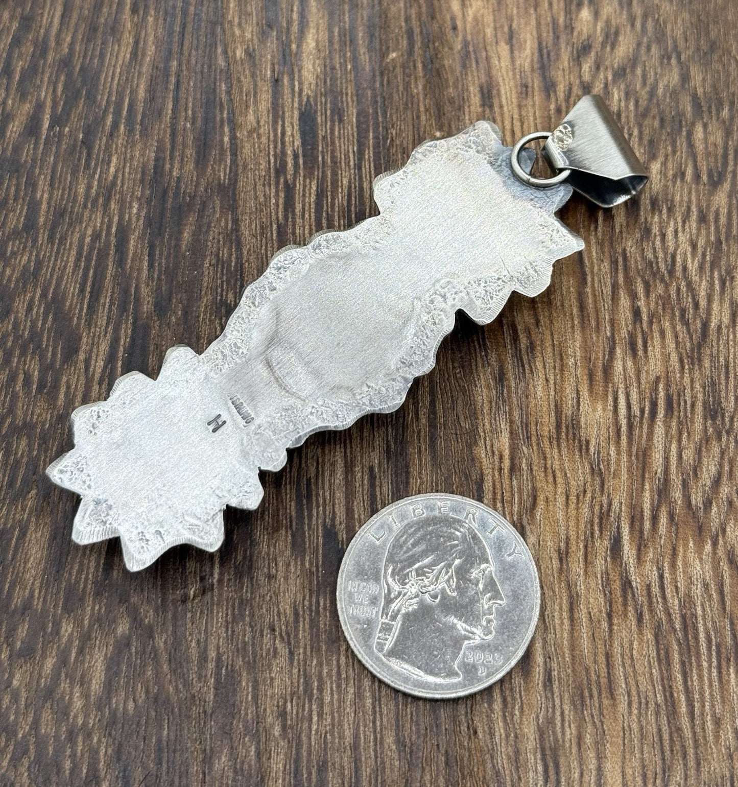 Navajo Handmade Sterling Silver Sonoran Gold Turquoise Stamped Drop Pendant