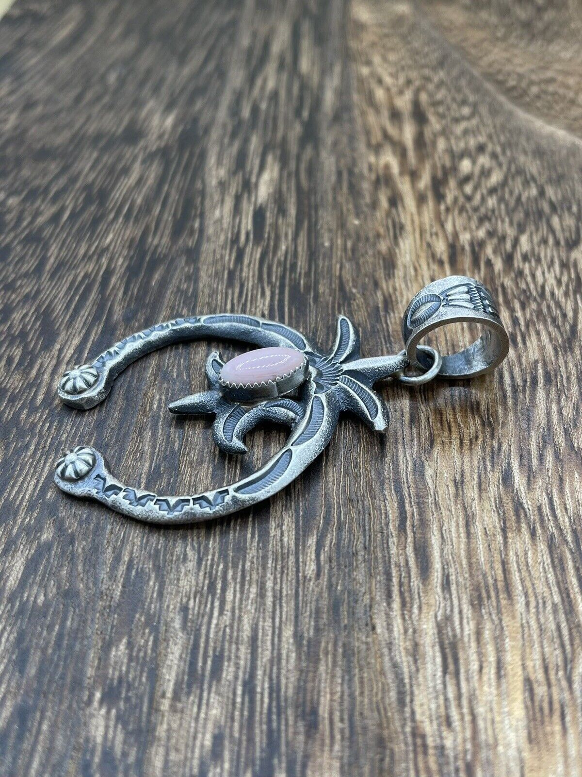 Native American Indian Navajo Handmade Silver Old Look Pink Concho Naja Pendant