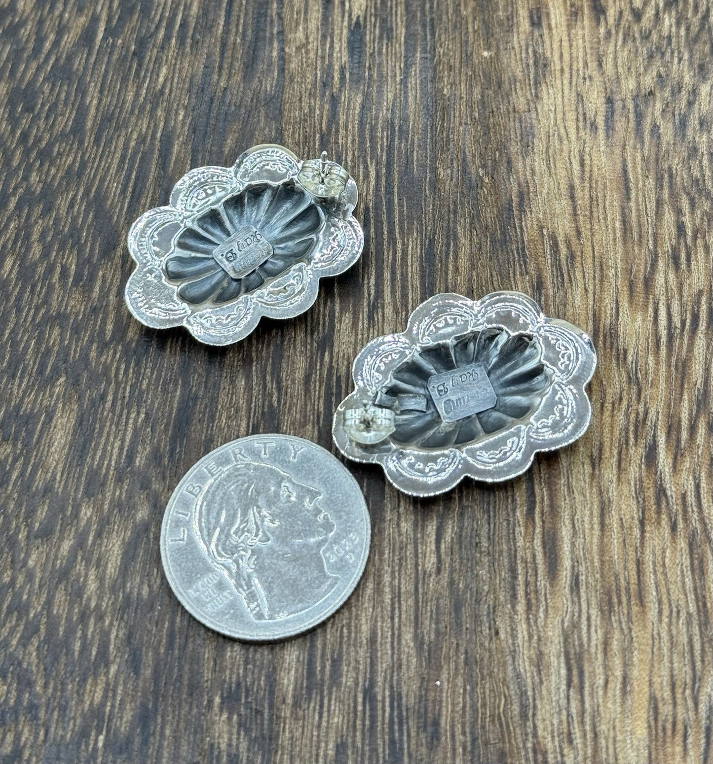 Navajo Handmade Sterling Silver Shiny Stamped Concho Design Post Earrings