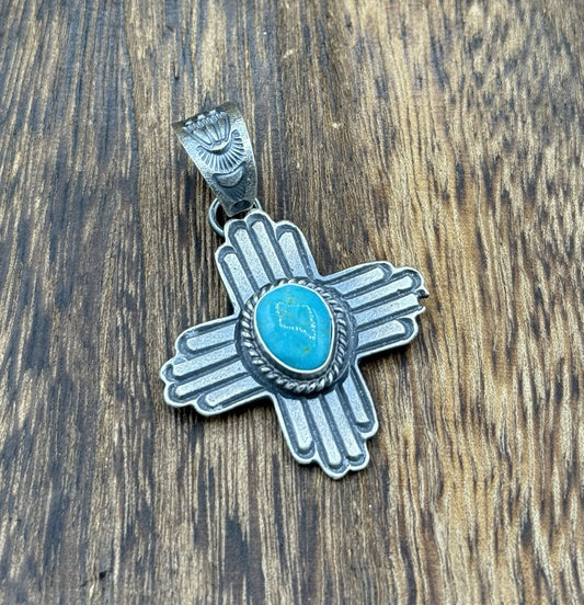 Navajo Handmade Sterling Silver Old Look Kingman Turquoise Zia Pendant Kevin B.