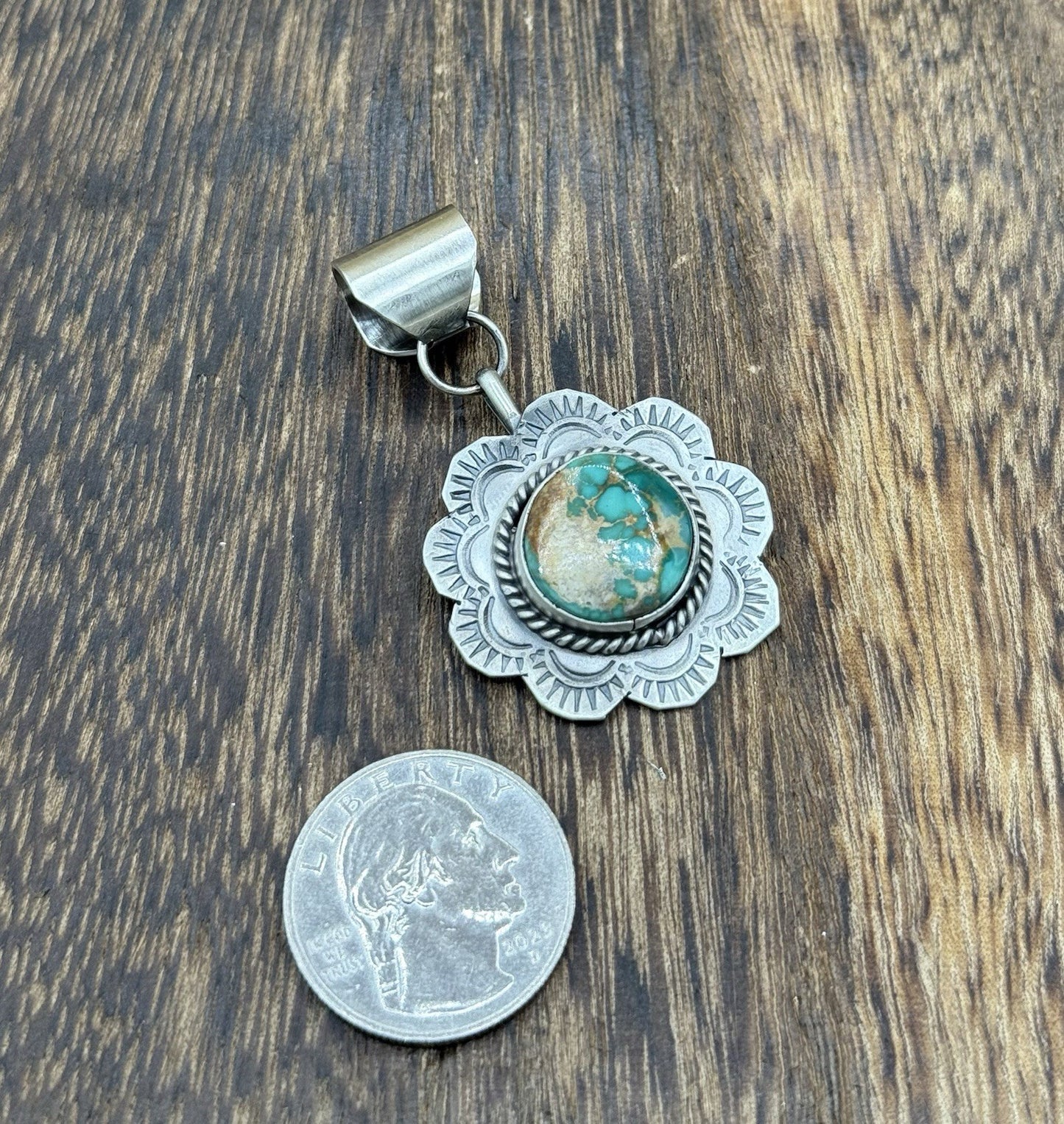 Navajo Handmade Sterling Silver Royston Turquoise Stamped Design Drop Pendant