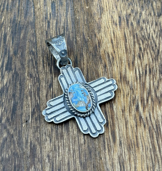 Navajo Handmade Sterling Silver Old Look Golden Hills Turquoise Zia Pendant