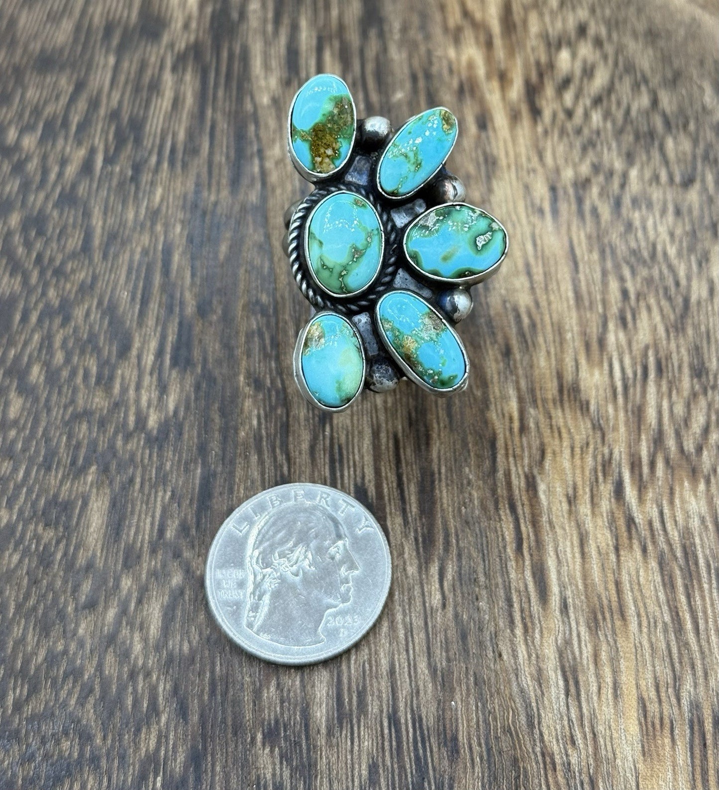 Navajo Handmade Sterling Silver Sonoran Gold Turquoise Half Cluster Ring Size 8