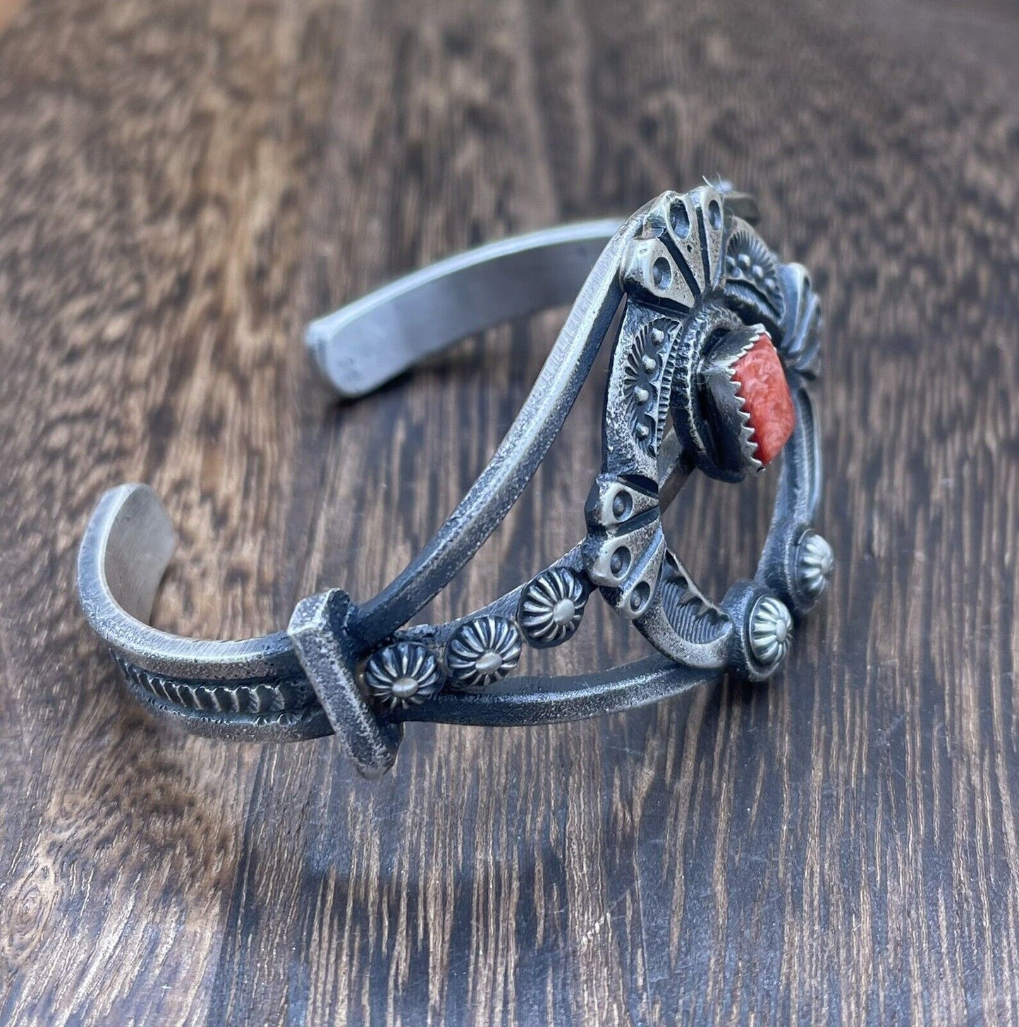 Native American Silver Navajo Handmade Red Spiny Oyster Old look Naja Bracelet