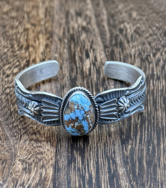 Navajo Handmade Sterling Silver Golden Hills Turquoise Old look Cast Bracelet