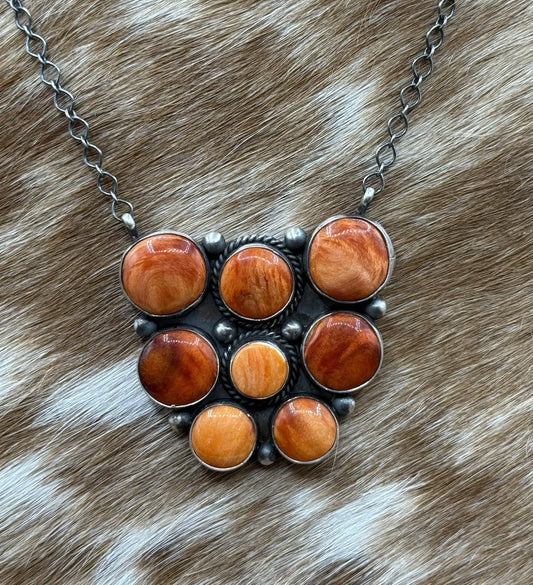 Navajo Handmade Sterling Silver Orange Spiny Oyster Cluster Bar Necklace 18”