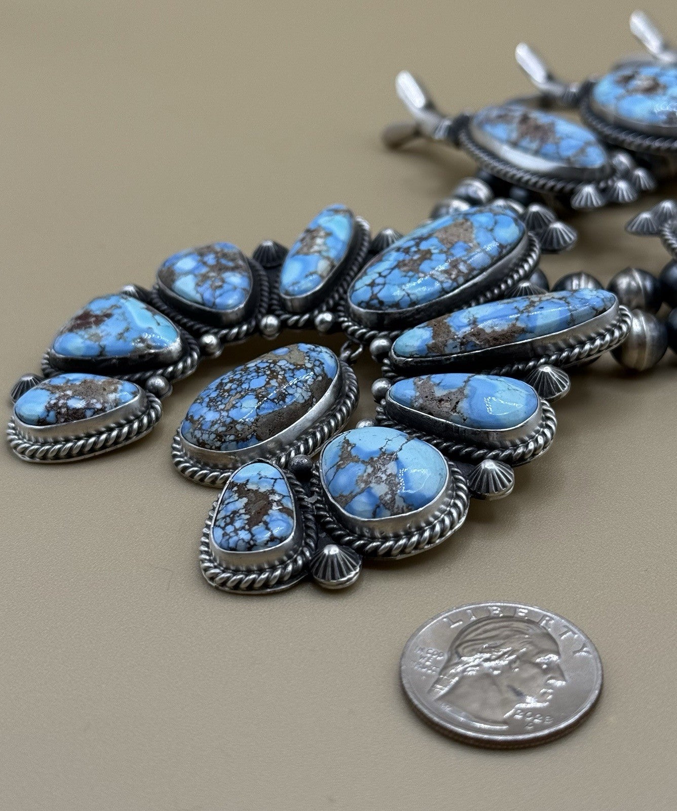 Navajo Handmade Sterling Silver Blue Ridge Turquoise Squash Blossom Necklace