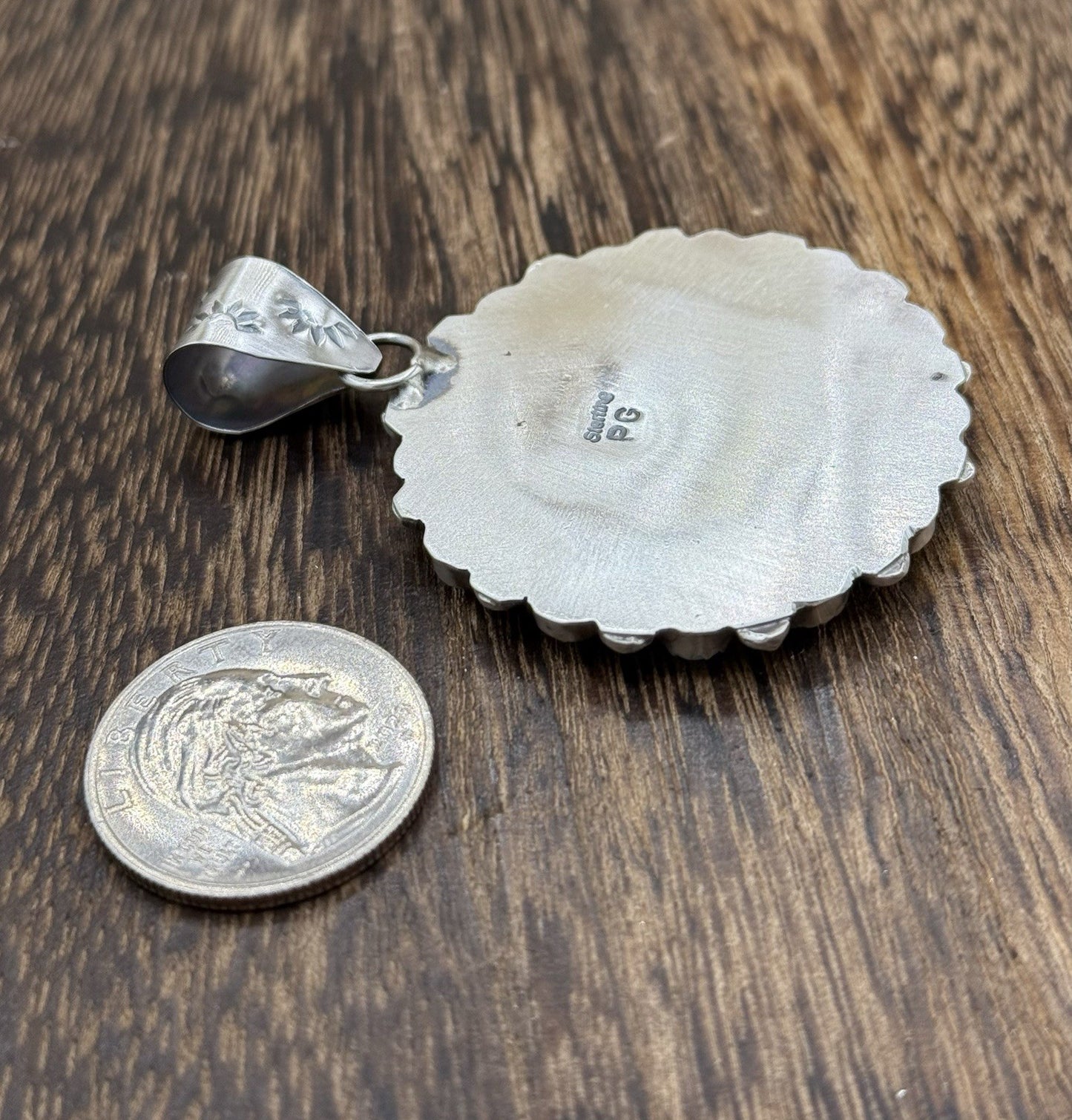 Navajo Handmade Sterling Silver Kingman Turquoise Cluster Buffalo Coin Pendant