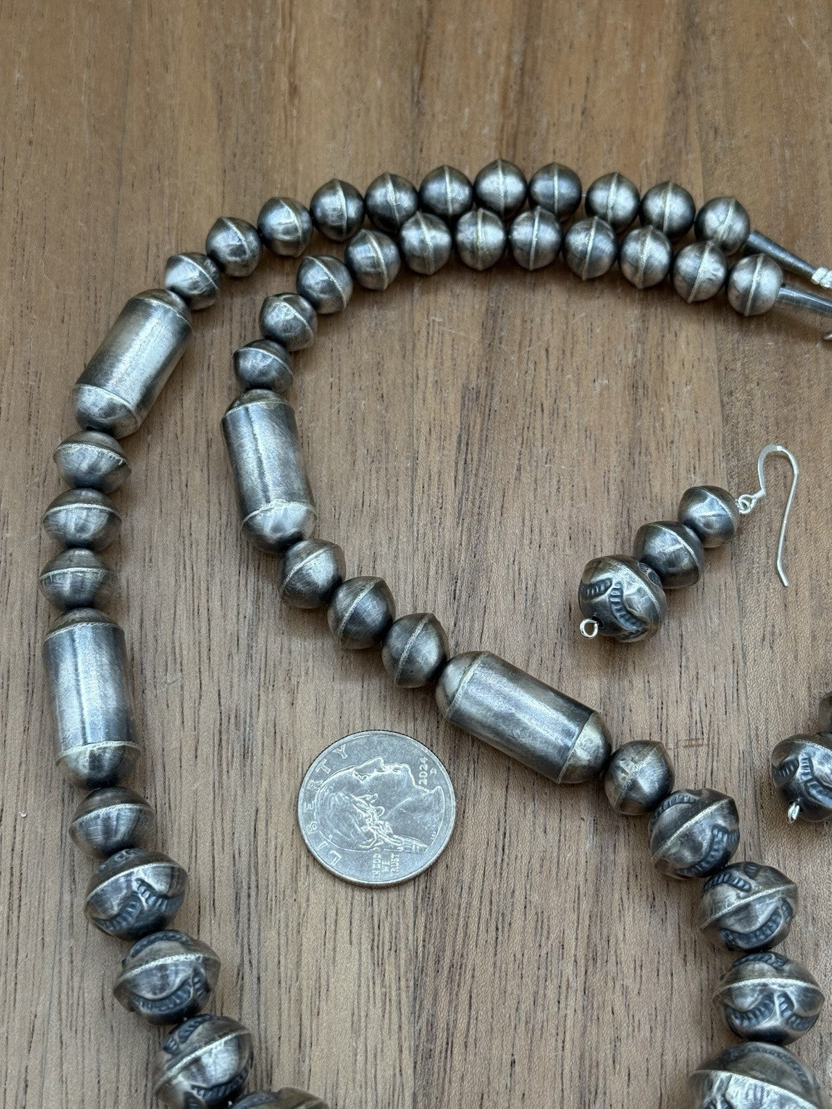 Authentic Navajo Handmade Old Look Navajo Pearl Bead Necklace And Earrings 24”